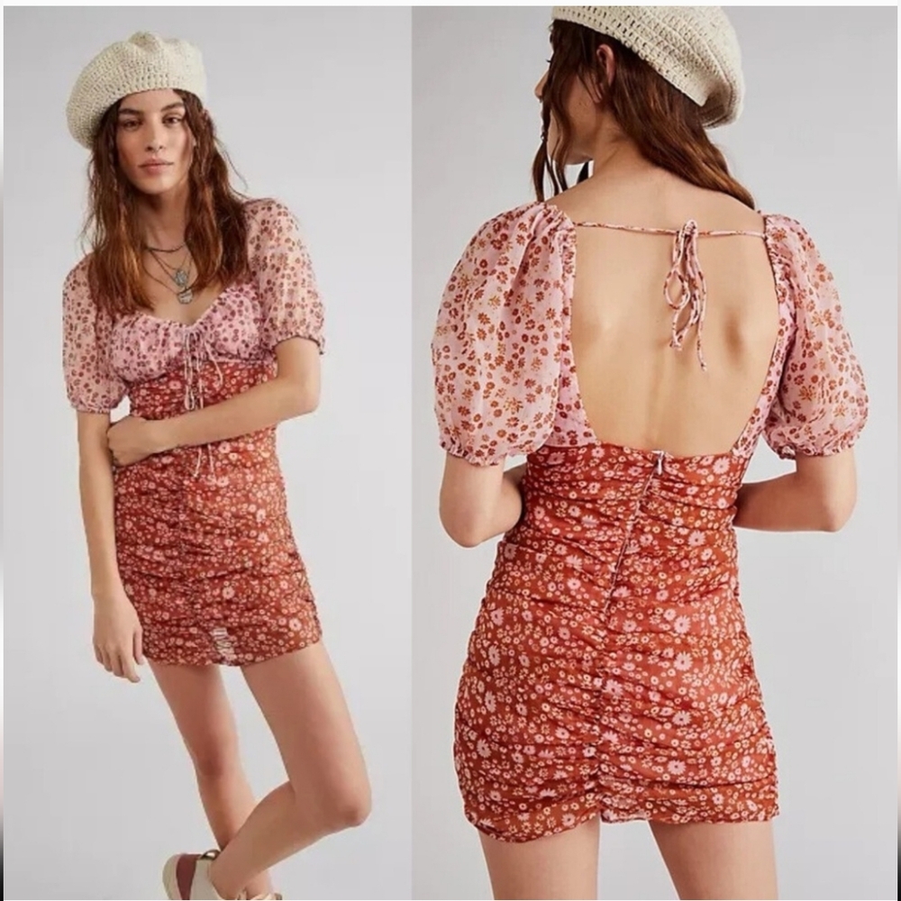 Free People Tessa Open Back Ruched Dress In Primrose Combo Pink Floral